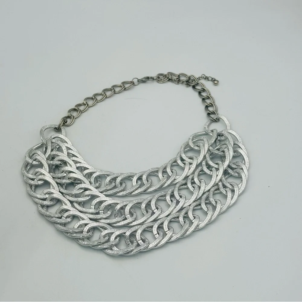 Silver Multi-Row Chain Link Chunky Statement Necklace - Picture 7 of 10